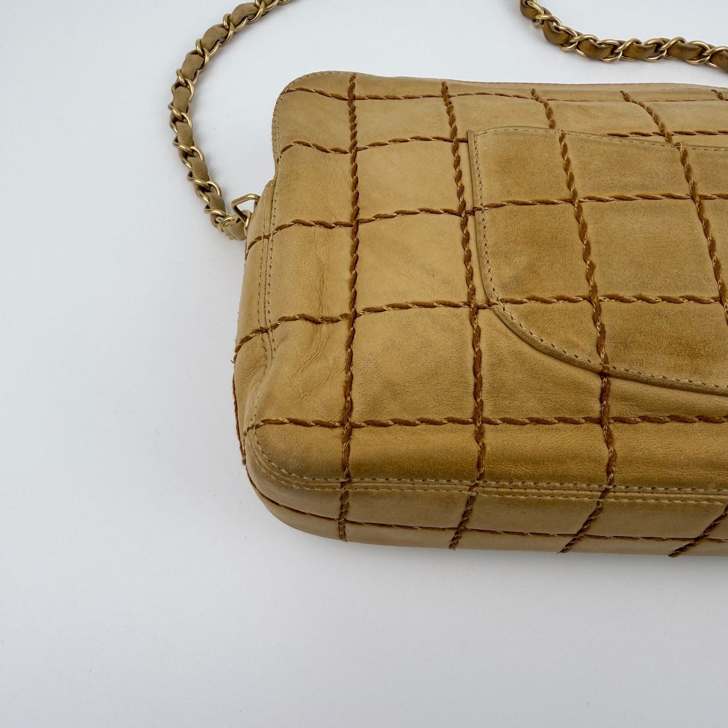 Chanel CC Logo Wild Stitch Choco Bar Chain Shoulder Bag Beige Leather Vintage — view 9