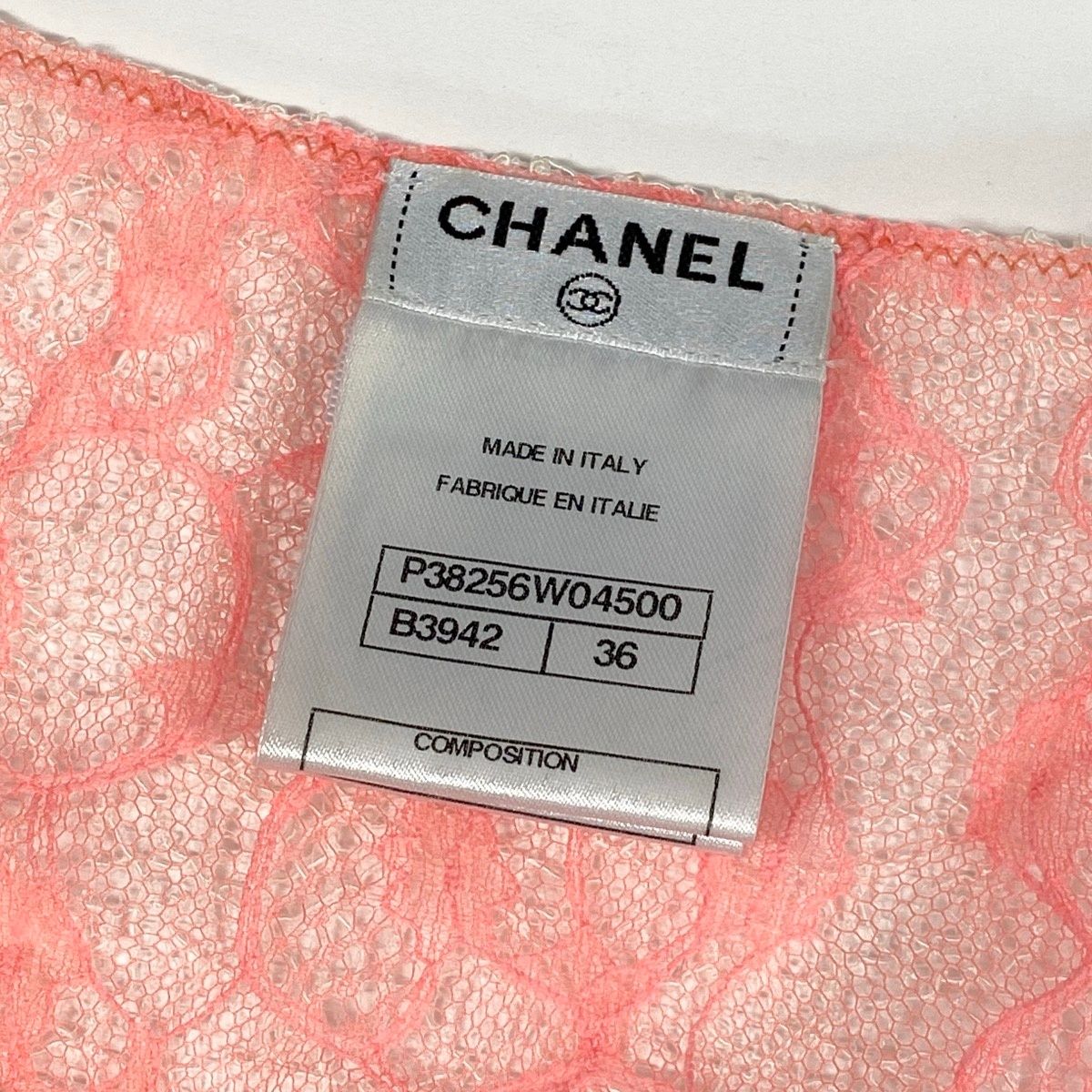 Chanel CC Logo Button Full Lace Cardigan Ribbon 36 Salmon Pink White — view 9