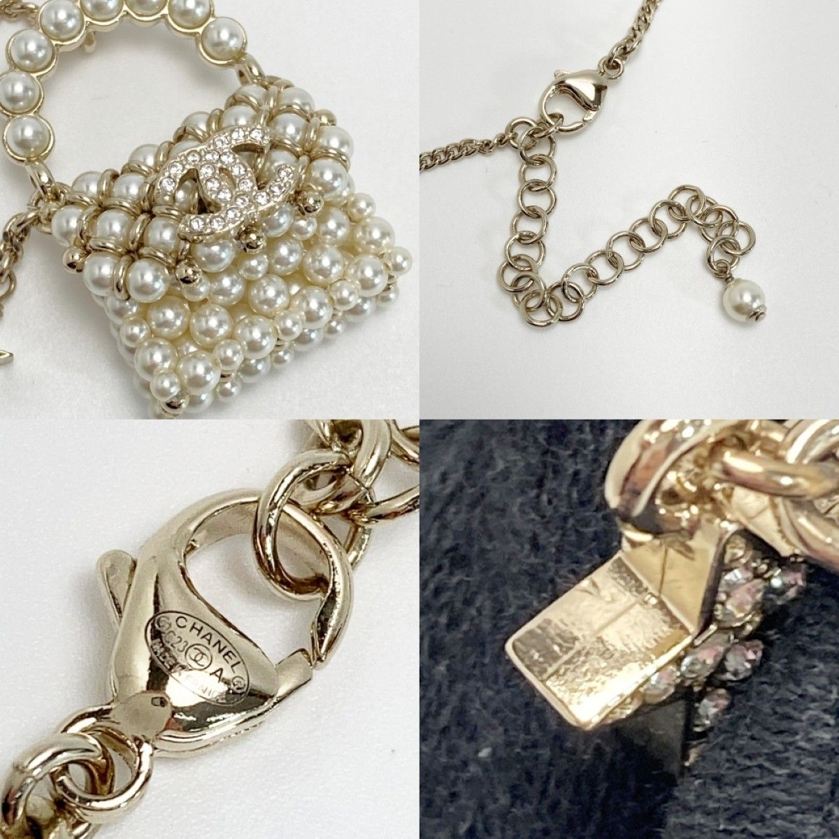 Chanel CC Logo Quilted Necklace Gold White Rhinestone Faux Pearl — view 5