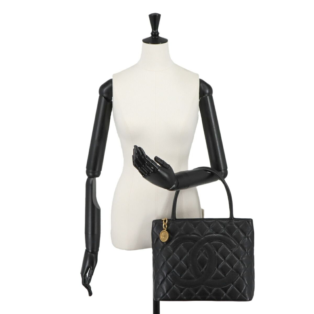 Chanel Medallion Tote Caviar Leather Black Gold Vintage — view 9