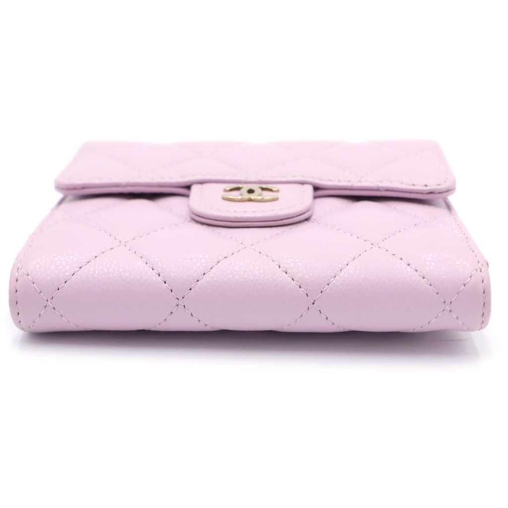 Chanel Quilted Bifold Wallet Compact Coin Case Light Pink Caviar Leather Gold — view 6