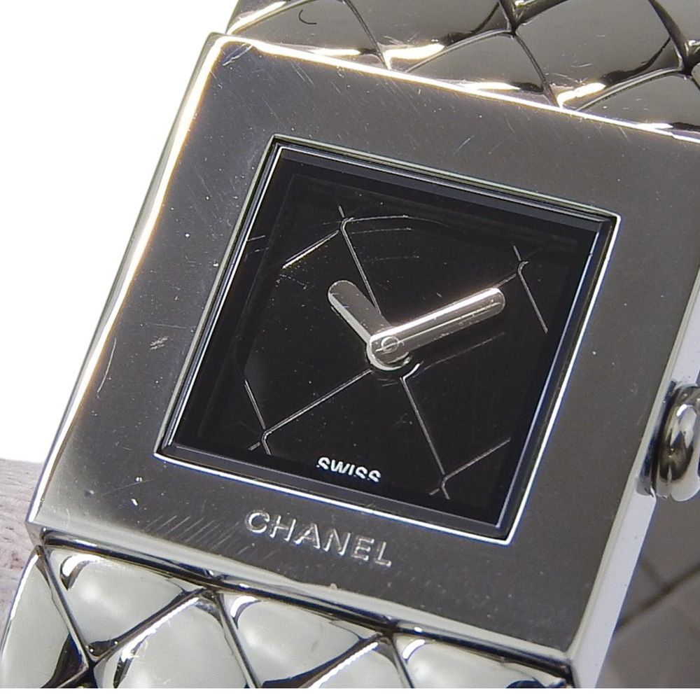 Chanel Quilted Stainless Steel Kuo Analog Display Black Dial Watch — view 8