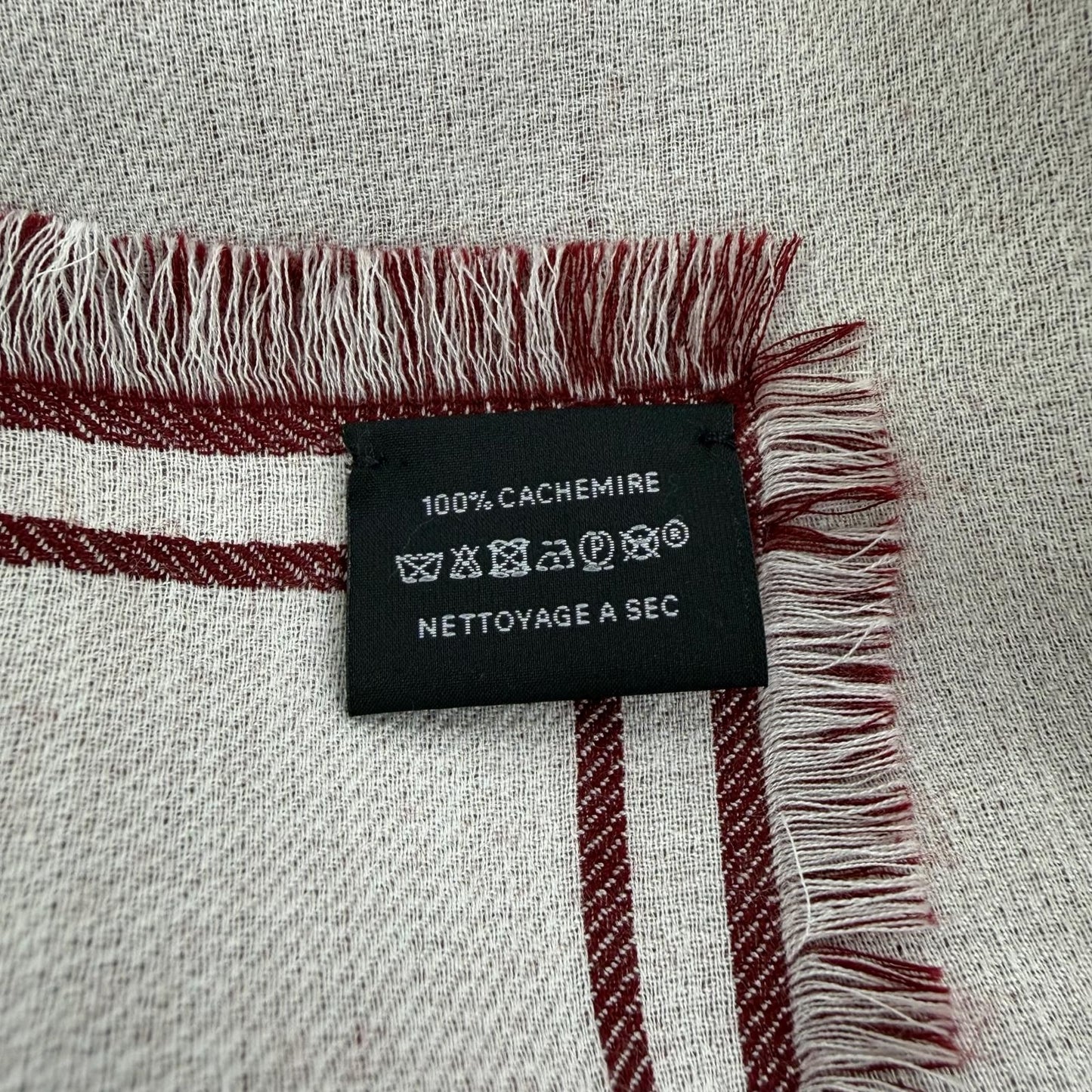 Hermes Carre Geant Cashmere Large Shawl with Fringe Scarf Bordeaux Off White — view 7