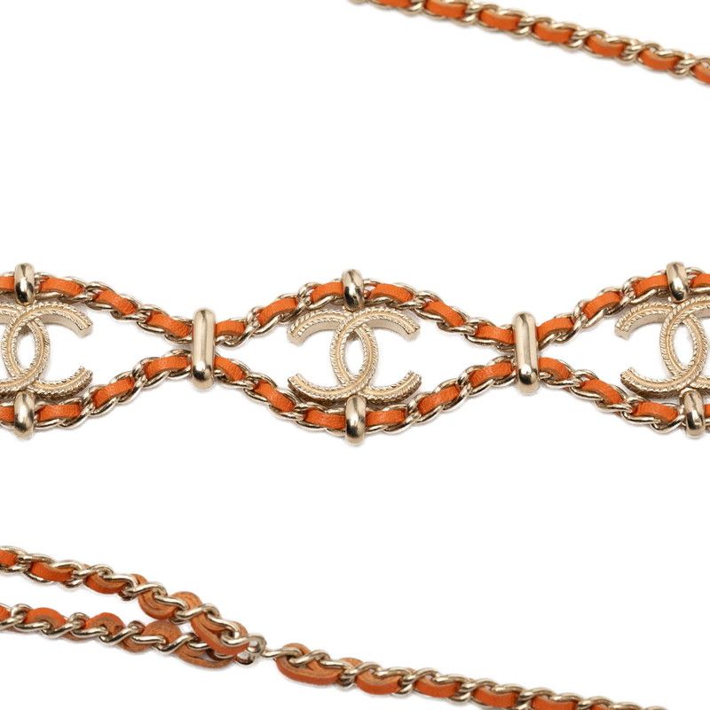 Chanel CC Logo Chain Necklace Gold Orange Leather Plated — view 6
