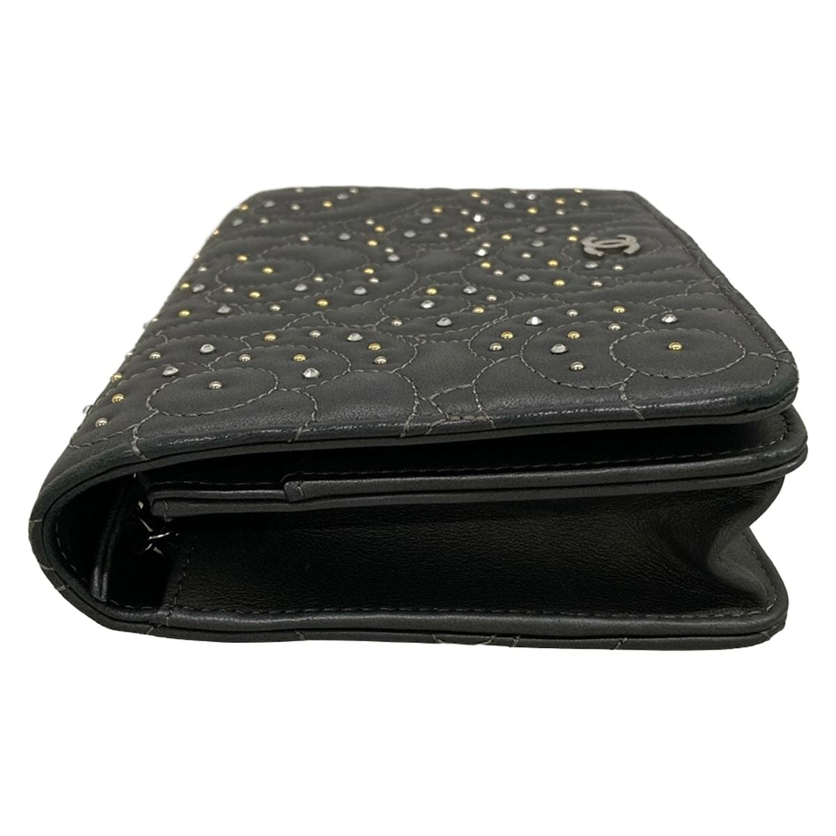 Chanel Wallet Camellia Dark Gray Chain Rhinestone Studs Silver Lambskin — view 9