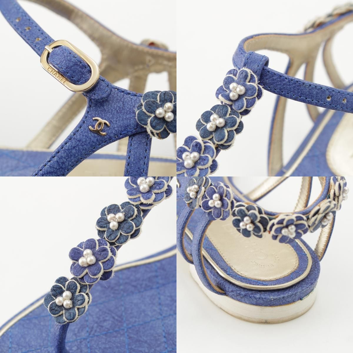 Chanel Leather Pearl CC Logo Camellia Strap Sandals Blue — view 9