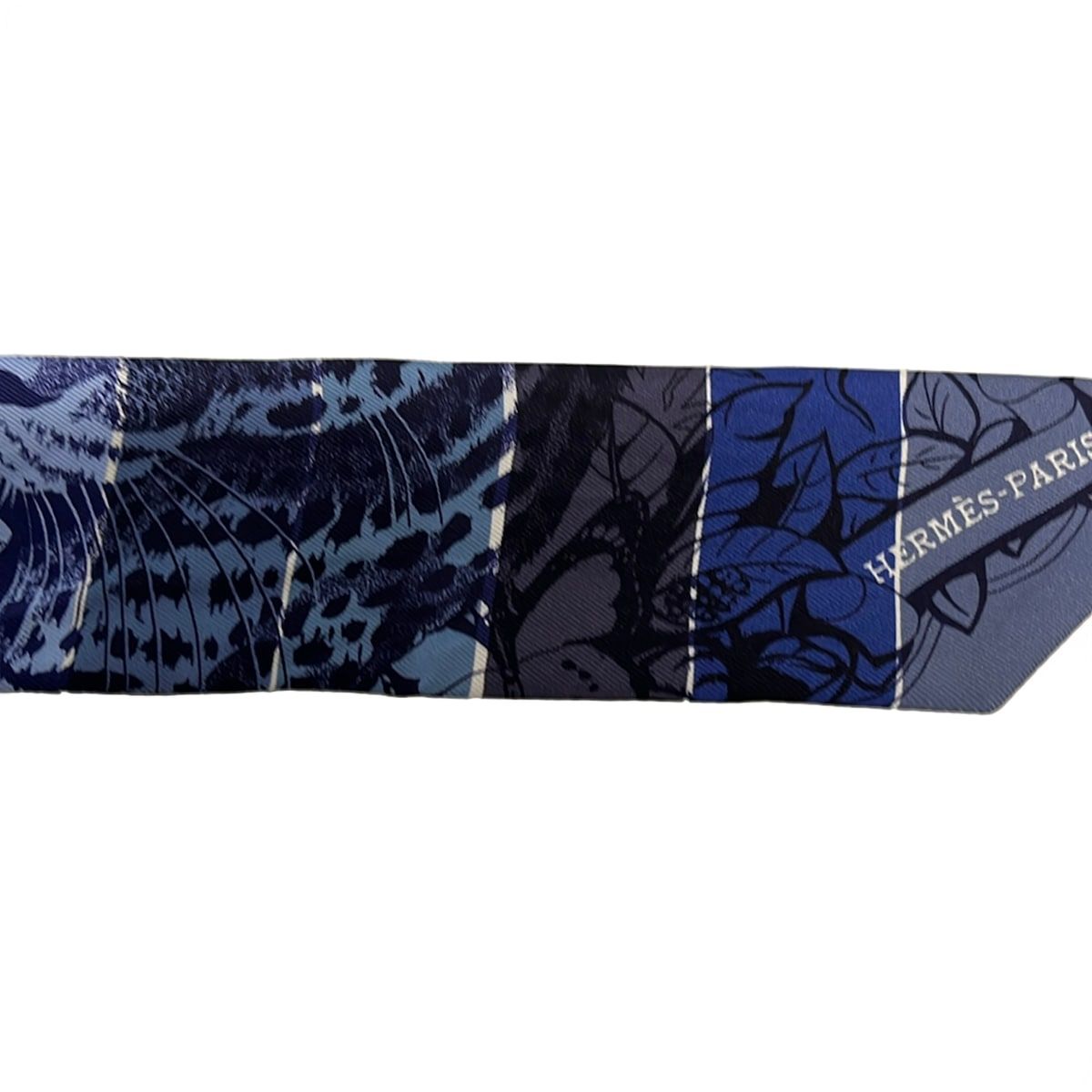 Hermes Scarf Twill Navy Light Yellow Multi Ribbon Border Leopard Print Floral — view 4