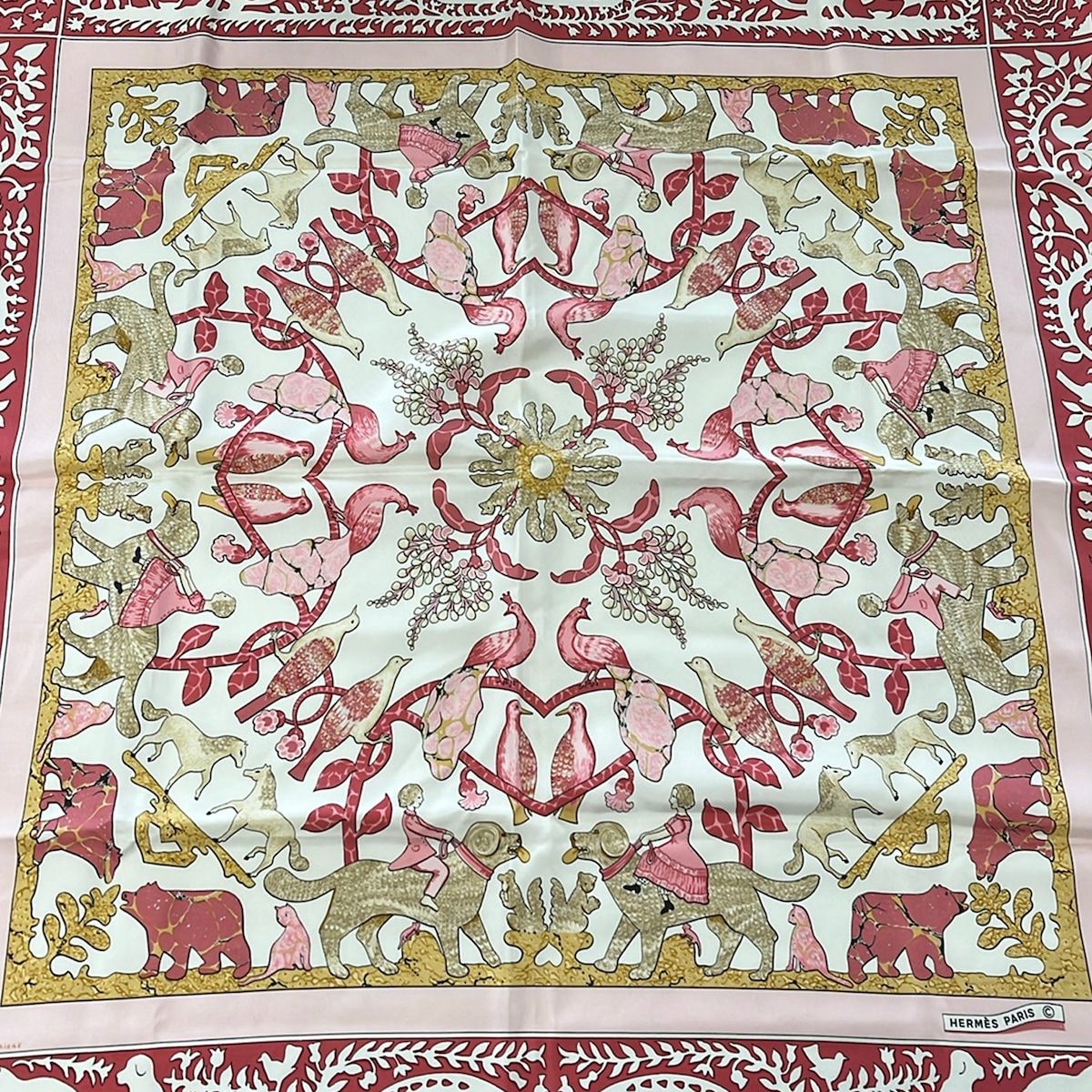 Hermes Scarf Carre 90 Light Pink Ivory Multi Warly America Dog Bird — view 4