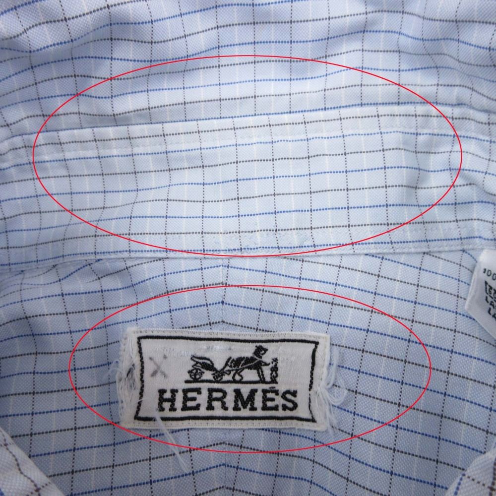 Hermes Series Button Cotton 100% Check Down Jacket Shirt Top Long Sleeve 42 Blue — view 8