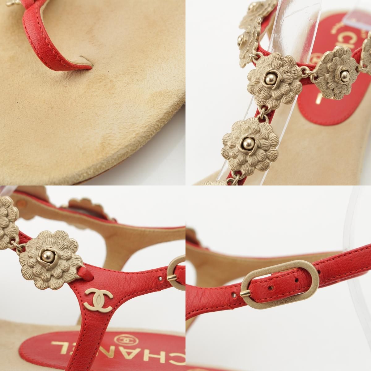 Chanel Leather CC Logo Camellia Suede Sandals Beige Red 36c — view 9