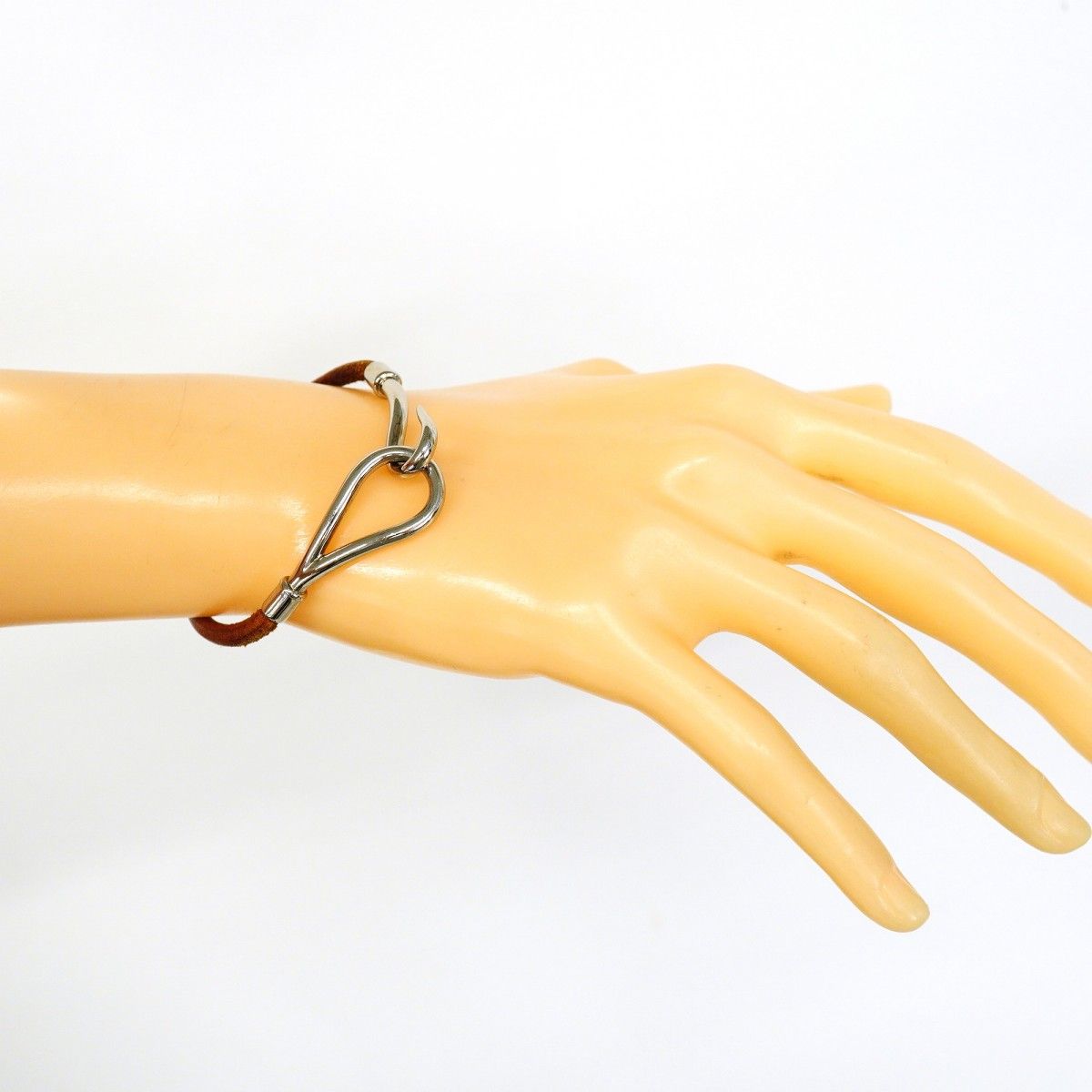 Hermes Bracelet Jumbo Hook Metal Leather Silver Brown — view 6