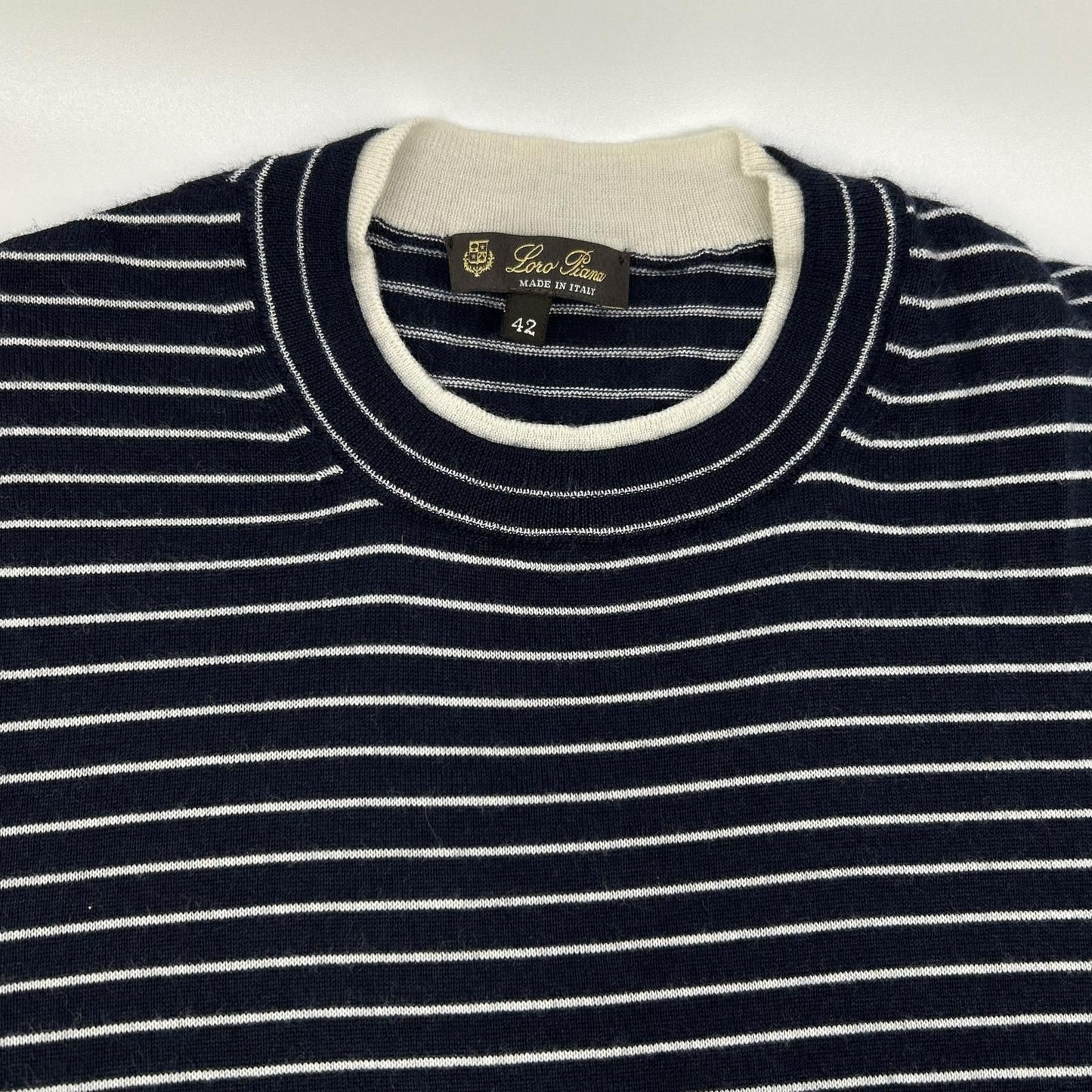 Loro Piana Navy White Border Cashmere Silk Half Sleeve Knit 42 Sweater — view 9