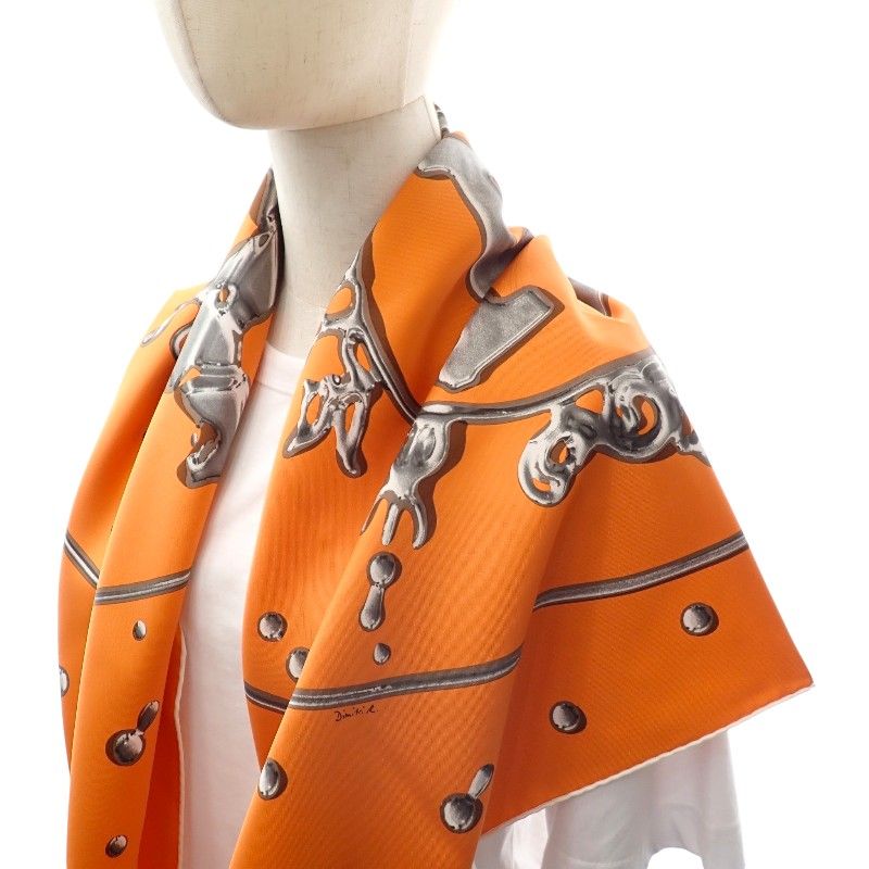 Hermes Carre 90 Vif Argent Silver Drop Scarf Silk Orange — view 9