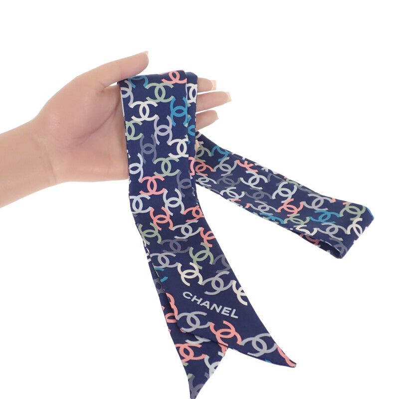 Chanel CC Logo Headband Scarf Silk Navy Multicolor — view 5