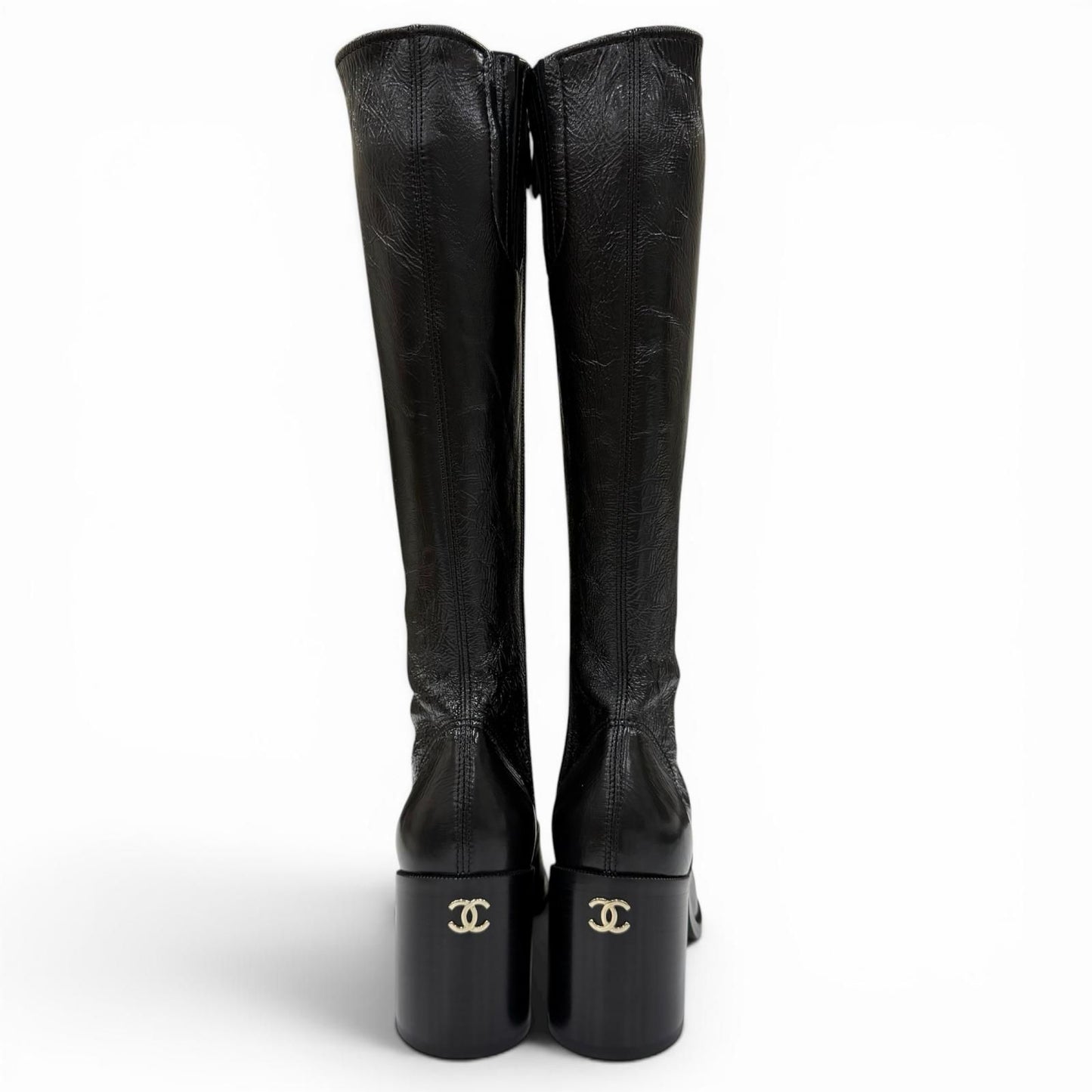 Chanel 24k CC Logo Side Zip Leather Long Boots Black — view 9