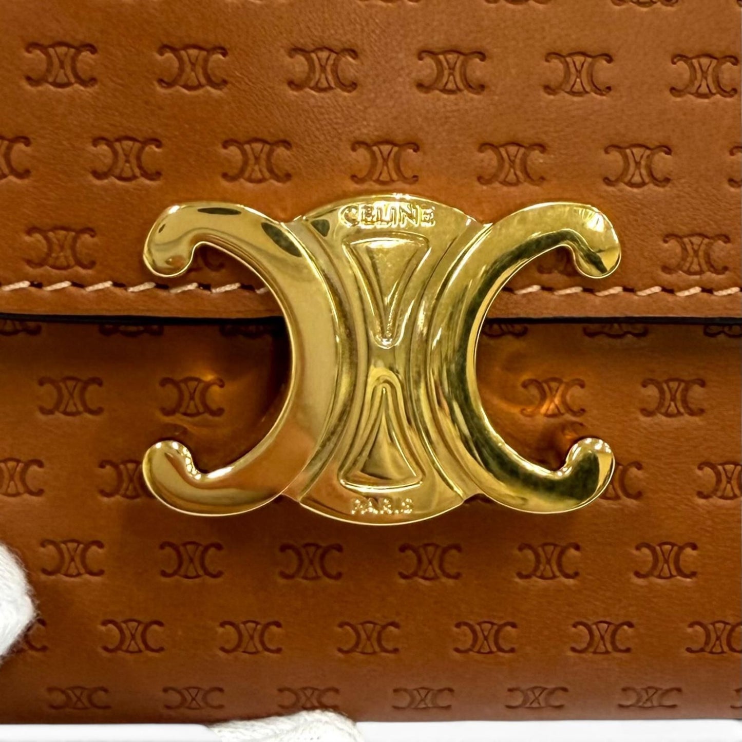 Celine Small Flap Wallet Triomphe Embossed Leather Trifold Brown — view 9