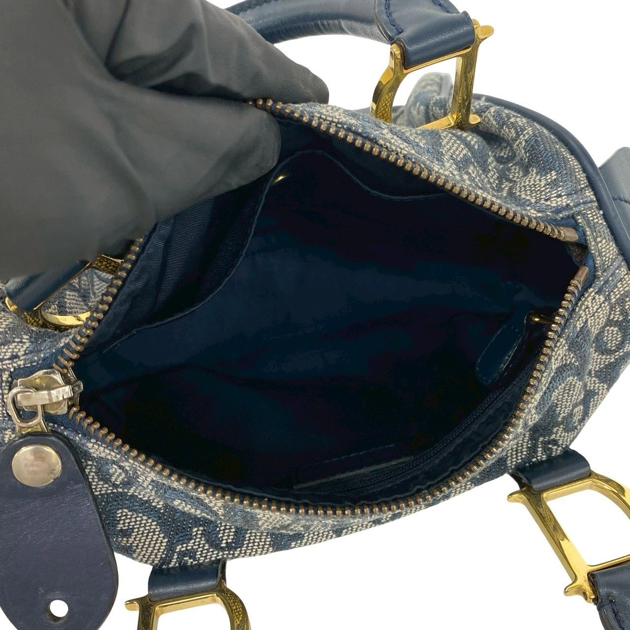 Dior Trotter Logo Pattern Canvas Leather Mini Boston Bag Navy — view 9