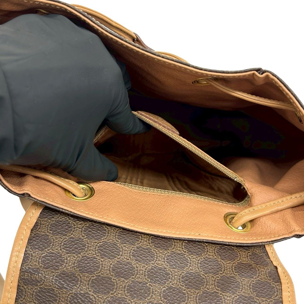 Celine Vintage Macadam Blason Triomphe Pattern Logo Ring Leather Backpack Brown