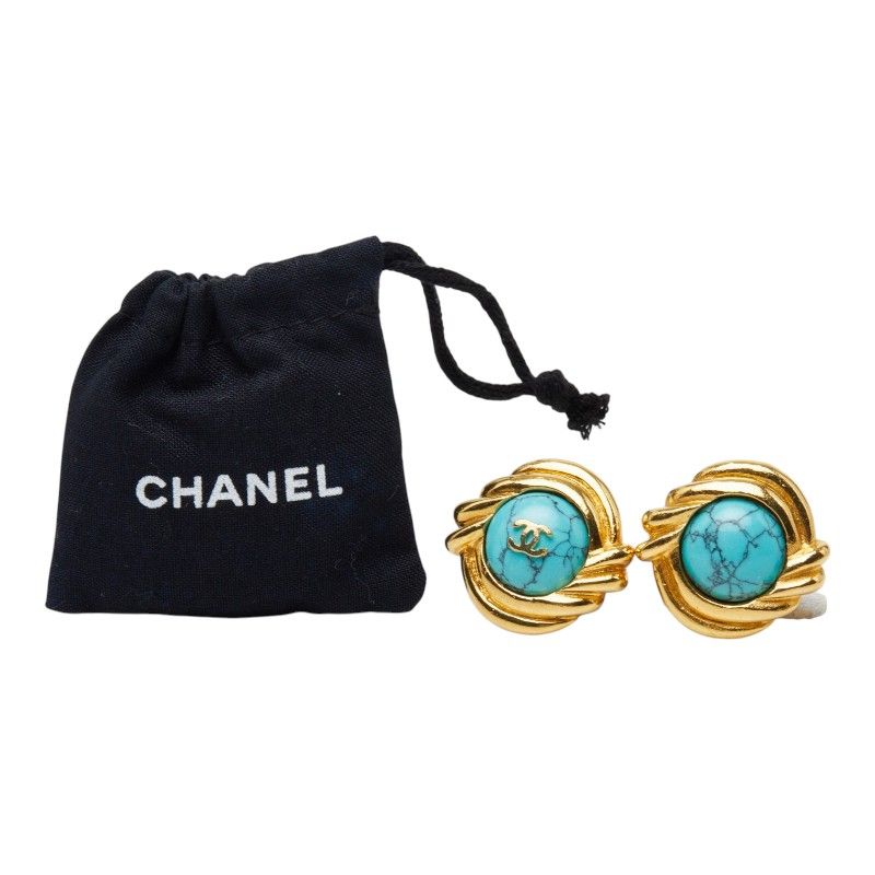 Chanel CC Logo Earrings Gold Turquoise Plated Stone — view 6