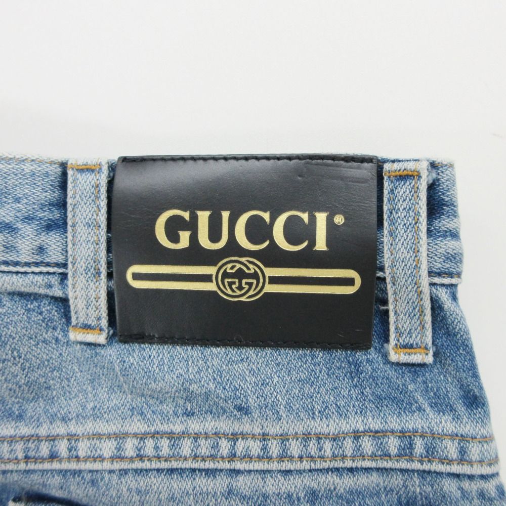 Gucci Denim Pants Wide Cut Off Jeans Strawberry Embroidery Patch Indigo 22 — view 9