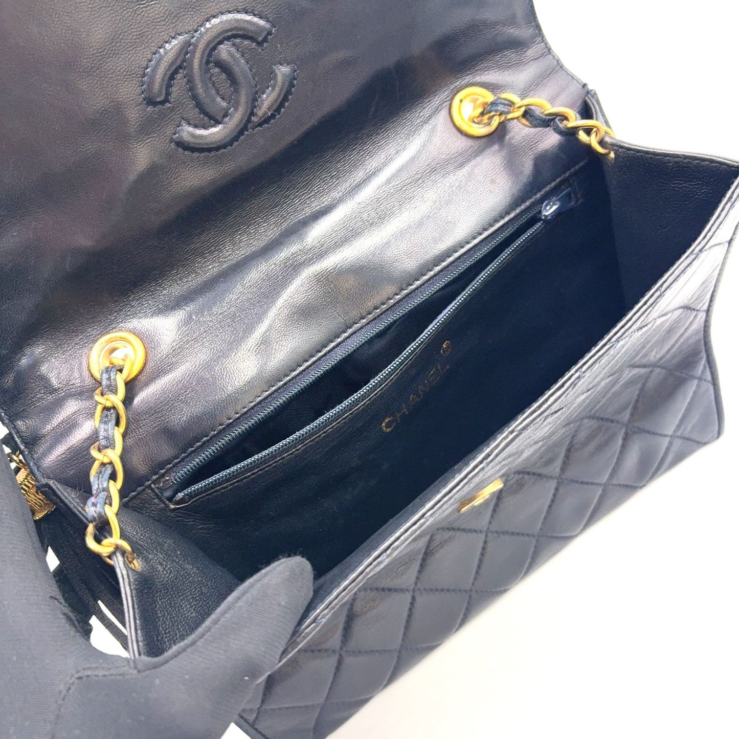 Chanel Quilted Fringe Lambskin Black Chain Shoulder Bag Gold — view 9
