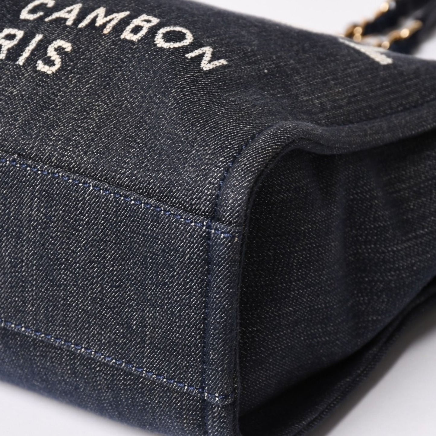Chanel Deauville PM Chain Tote Shoulder Bag Denim Canvas CC Logo Navy Gold — view 8