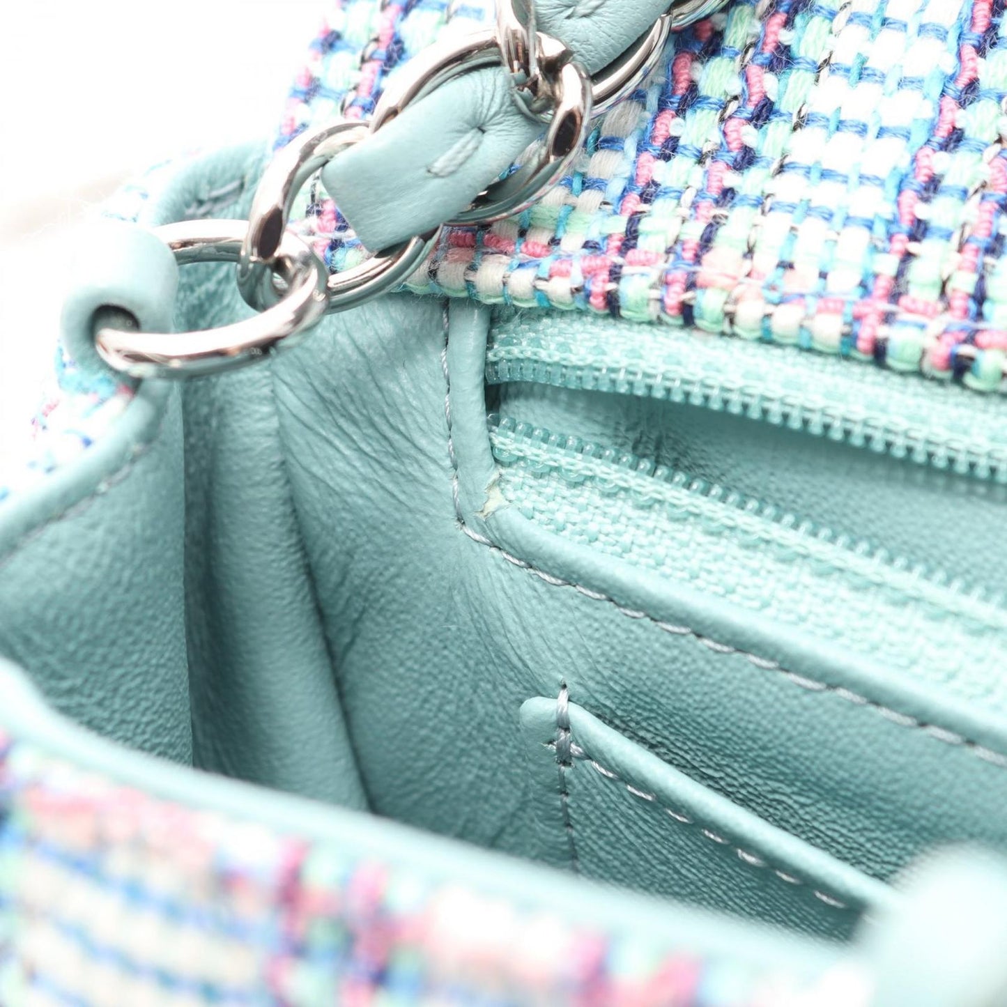 Chanel Shoulder Bag Mini Quilted 20 Mint Green Blue Fabric Chain — view 7