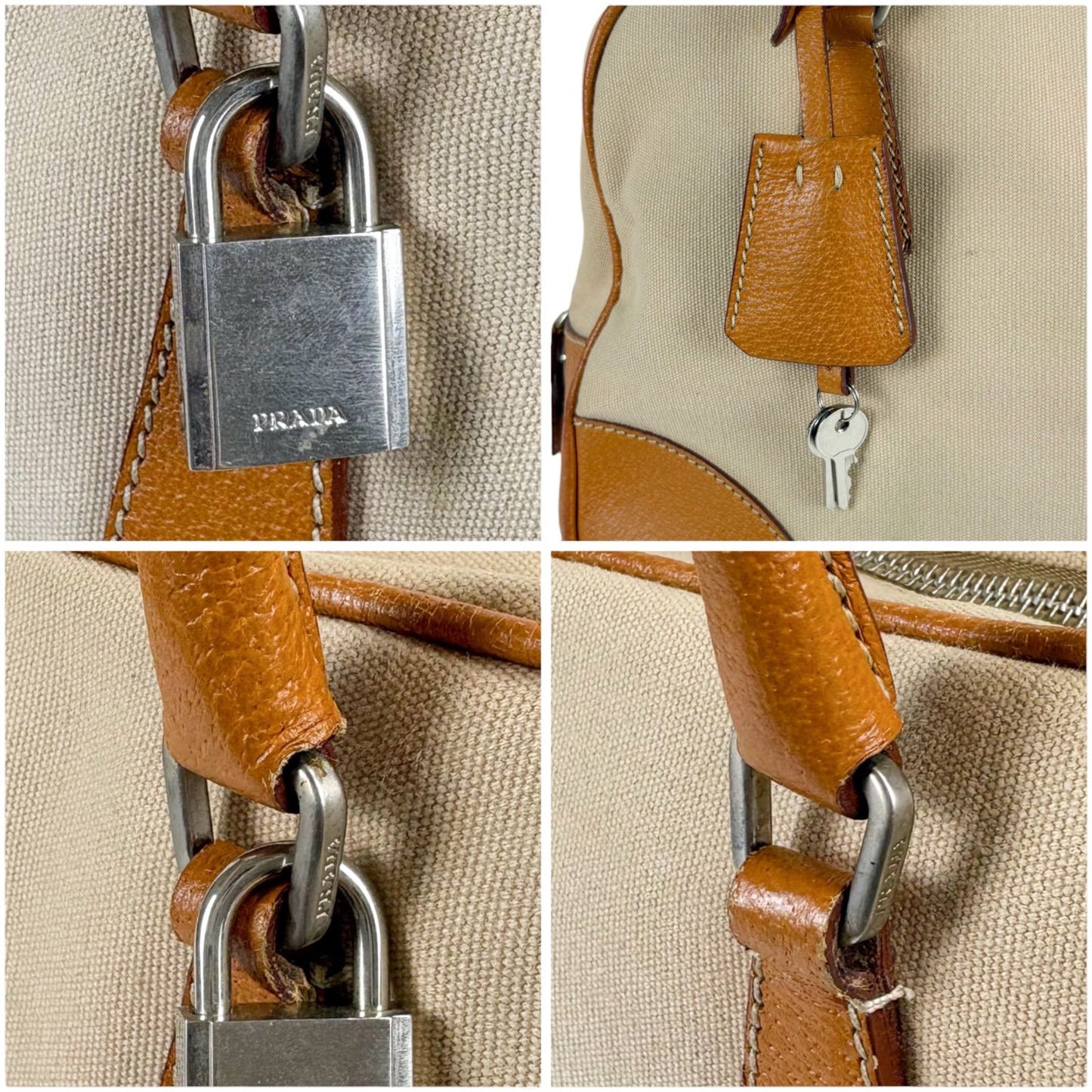 Prada Triangle Logo Shoulder Bag Padlock Leather Canvas Brown — view 8