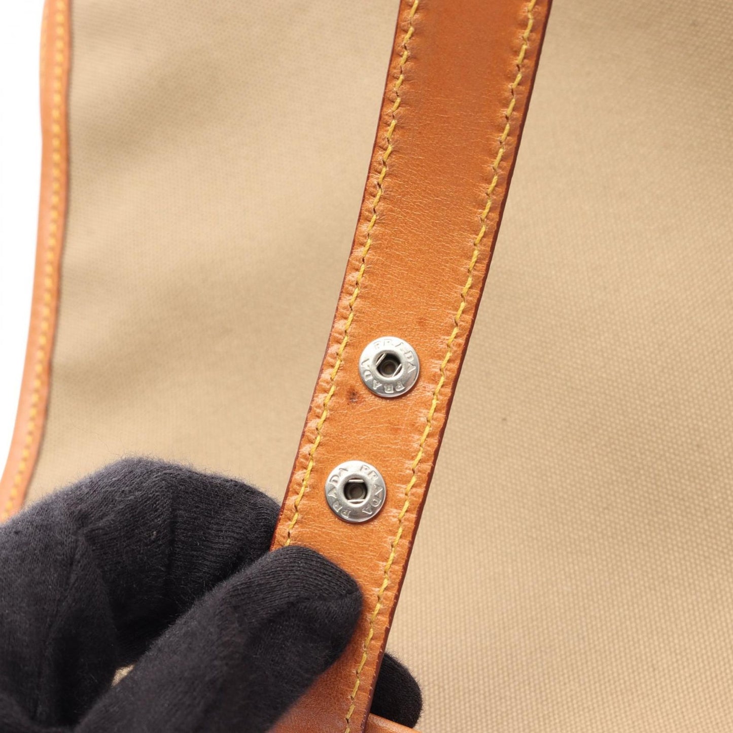 Prada Shoulder Bag Canapa Soft Beige Orange Canvas Leather Triangle Logo — view 9
