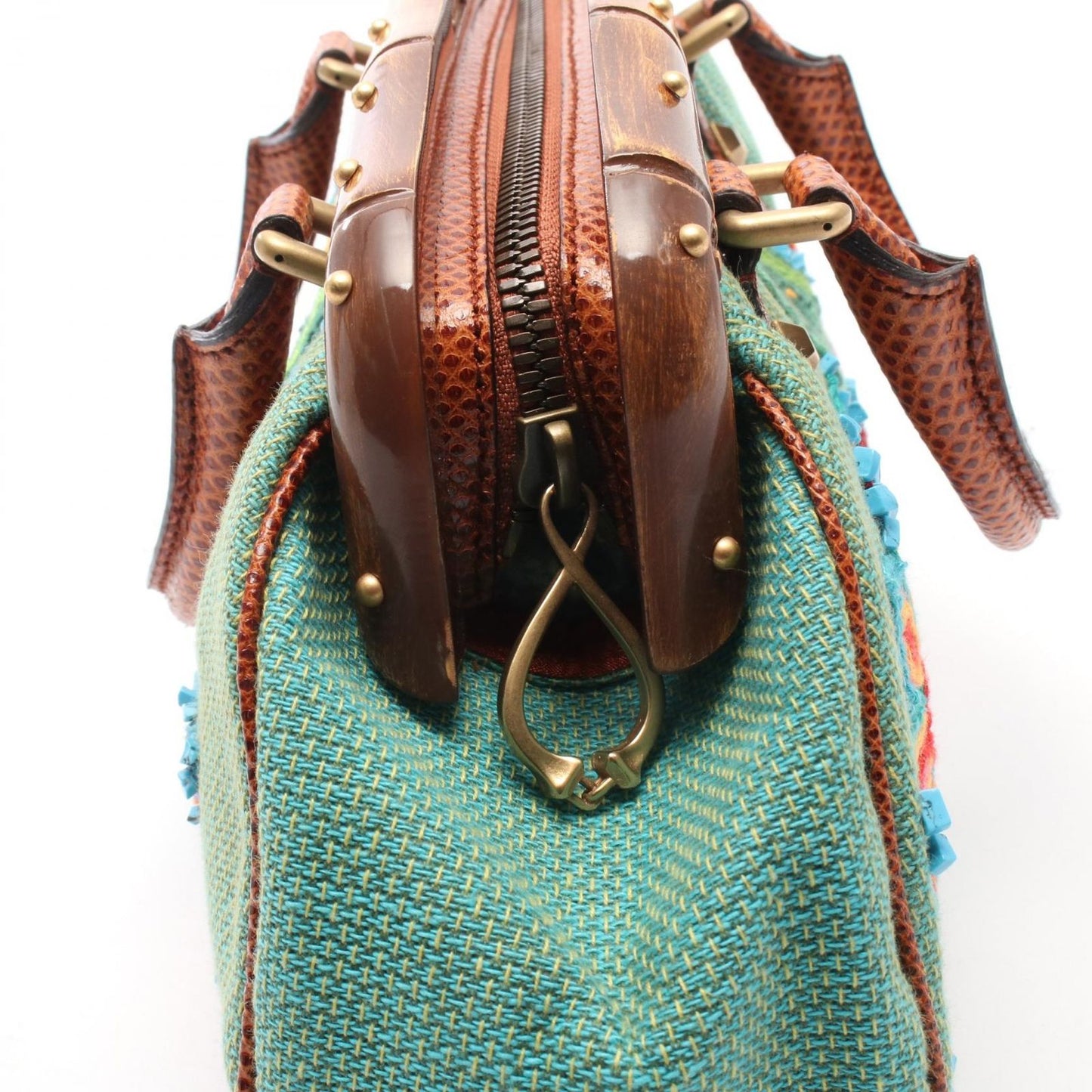 Gucci Handbag Bamboo Flower Embroidery Green Multicolor Exotic Cles the Hand — view 9