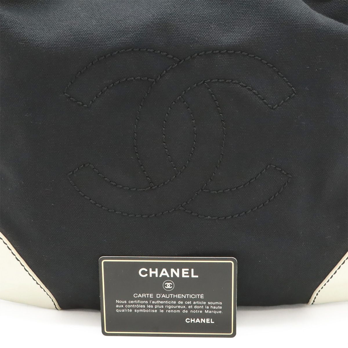 Chanel CC Logo Big Chain Tote Shoulder Canvas Leather Black White Gold — view 9