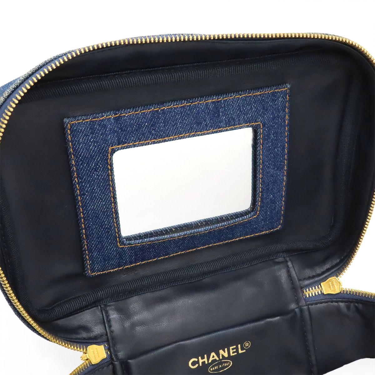 Chanel CC Logo Denim Vanity Handbag Makeup Pouch Blue Indigo Gold — view 8