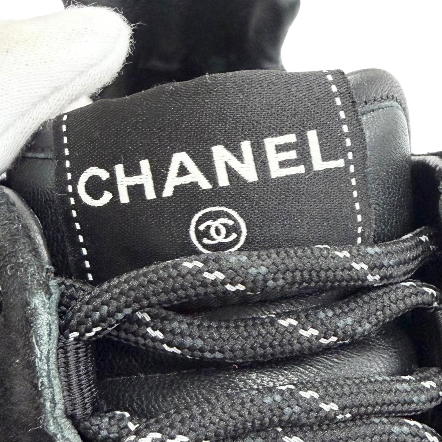 Chanel CC Logo Quilted Sole Suede Leather Sneakers Black White — view 9