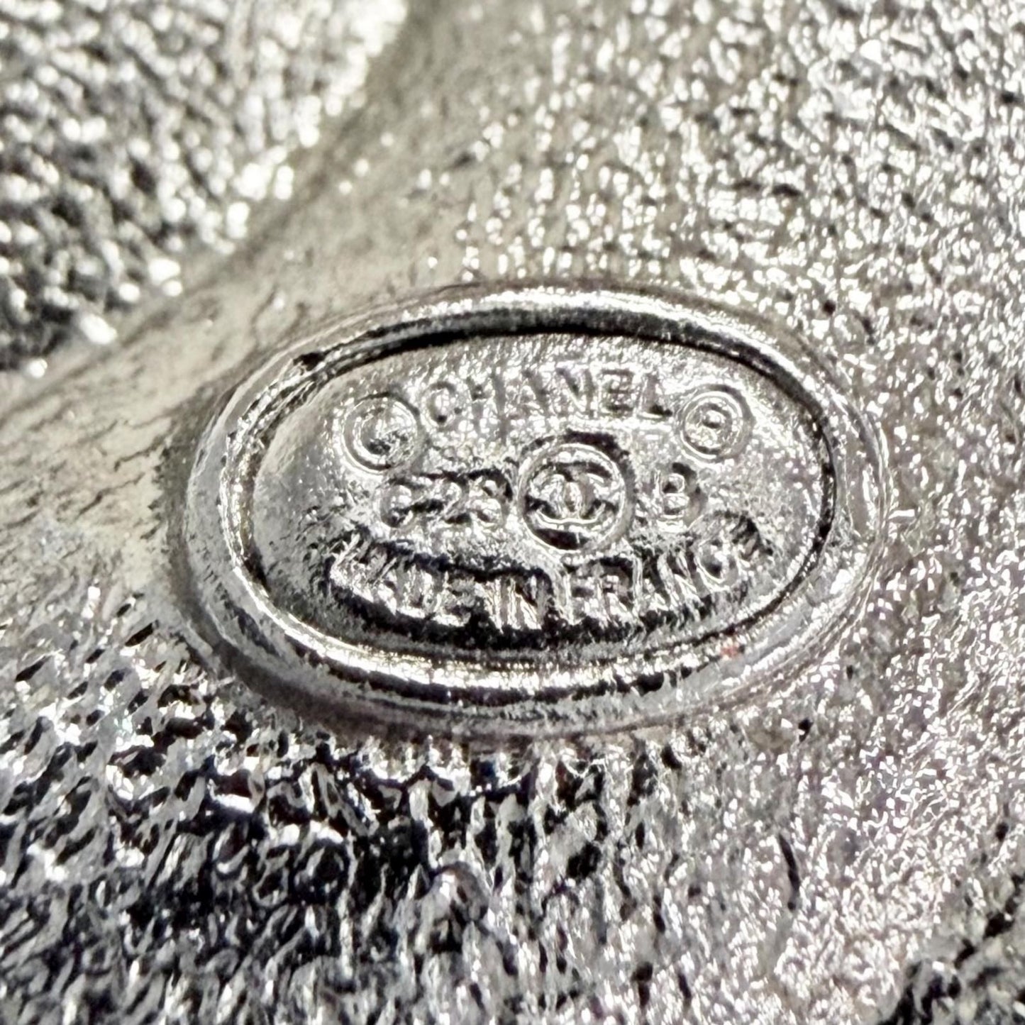 Chanel CC Logo Rhinestone Gunmetal Brooch Silver Recommended — view 6