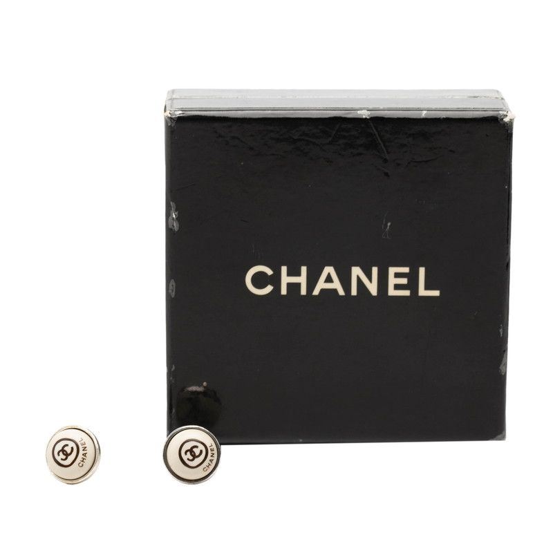 Chanel CC Logo Earrings Silver Ivory Metal — view 4
