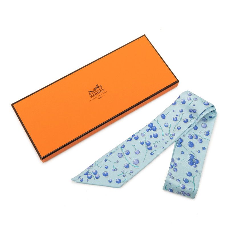 Hermes Red Berries Berry Scarf Blue Silk — view 5