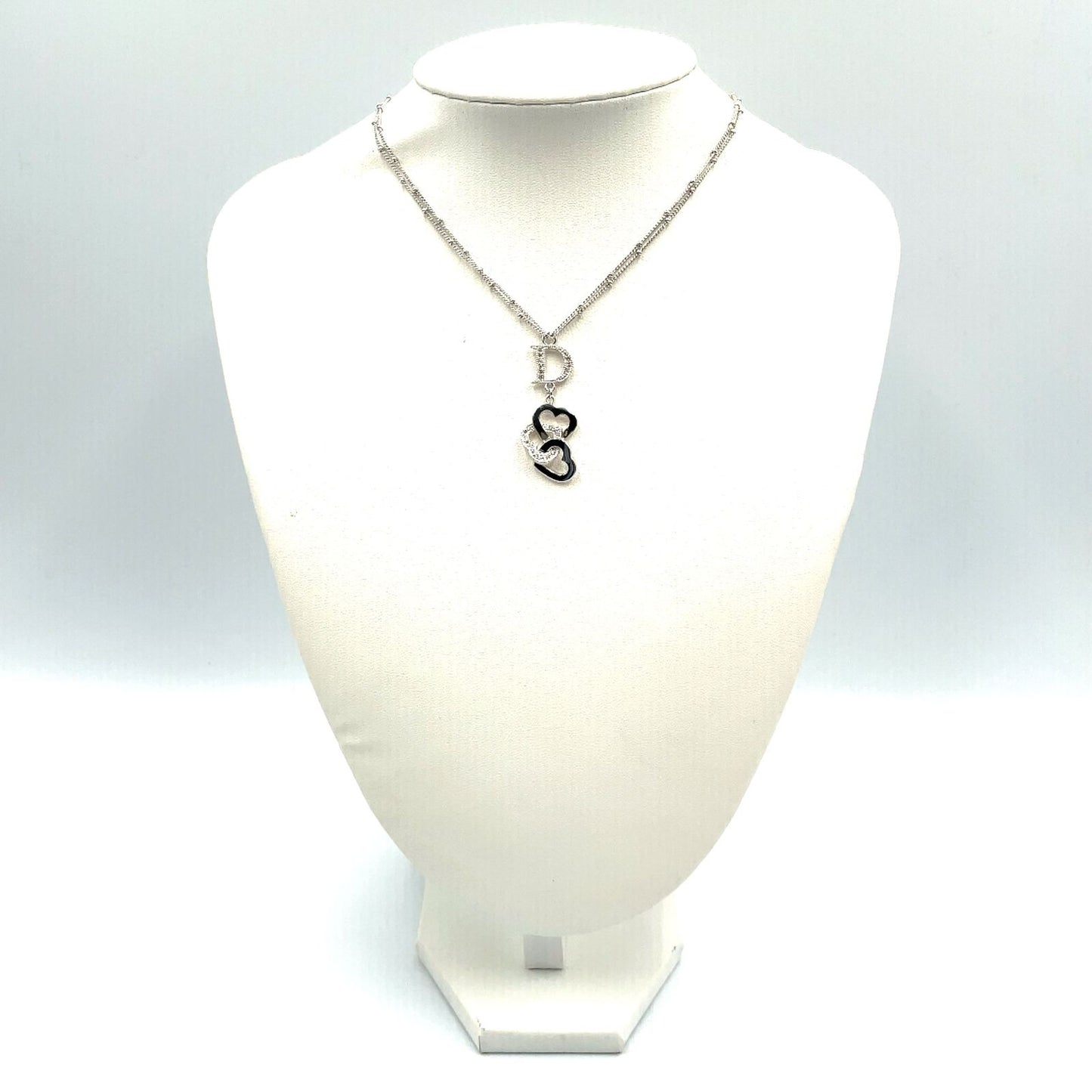 Dior D Logo Triple Strand Heart Double Chain Metal Color Stone Clear Silver — view 9