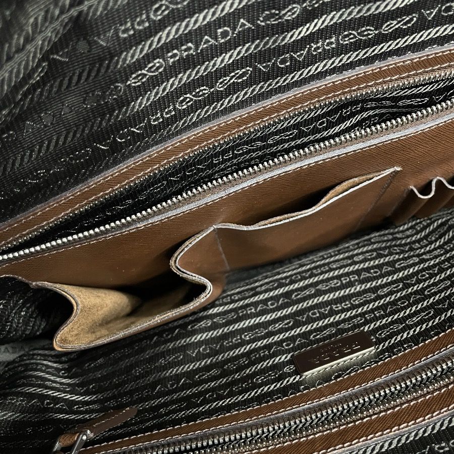 Prada Business Briefcase Handbag Triangle Logo Saffiano Leather Brown Silver — view 9