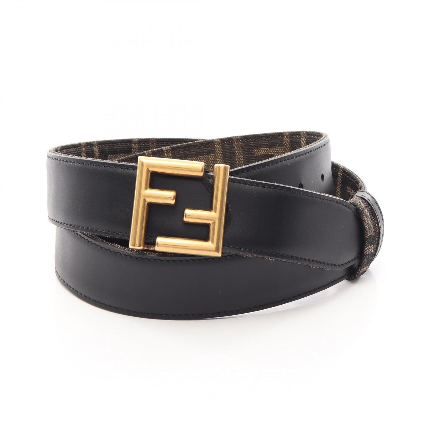 Fendi Belt FF Logo Buckle Gold Reversible Black Brown Canvas Leather — view 5