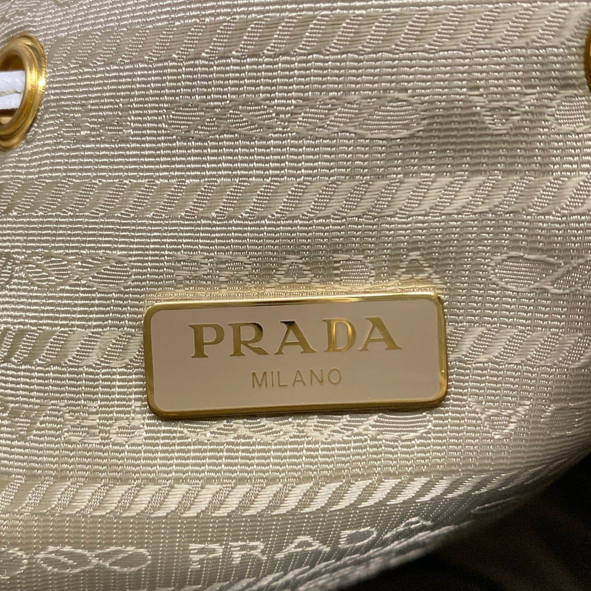 Prada Handbag Logo Jacquard Beige White Drawstring Ribbon Leather — view 9