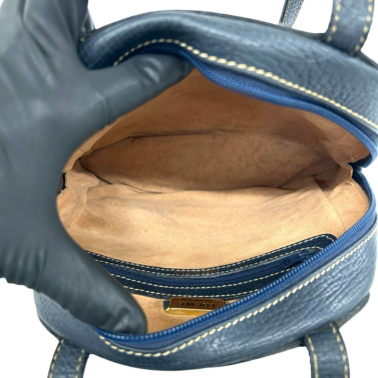 Loewe Vintage Logo Embossed Leather Shoulder Bag Mini Tote Navy — view 9