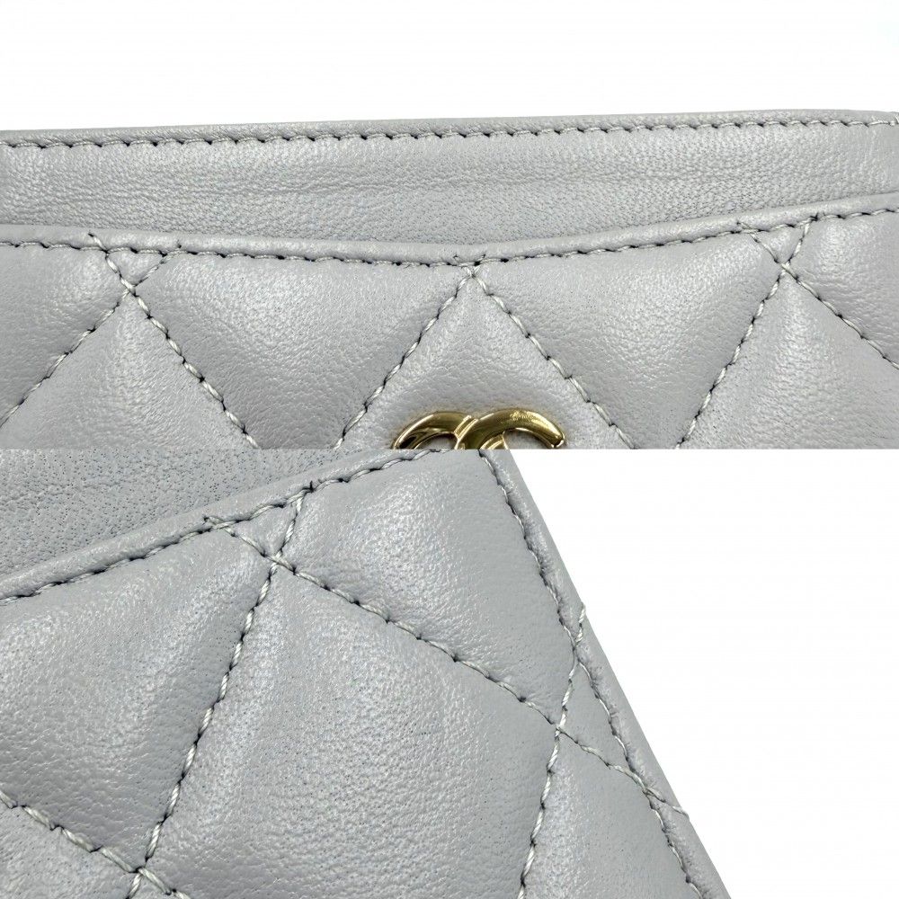 Chanel Card Case Quilted CC Logo Set Era Classic Holder Lambskin Gray Gold — view 8