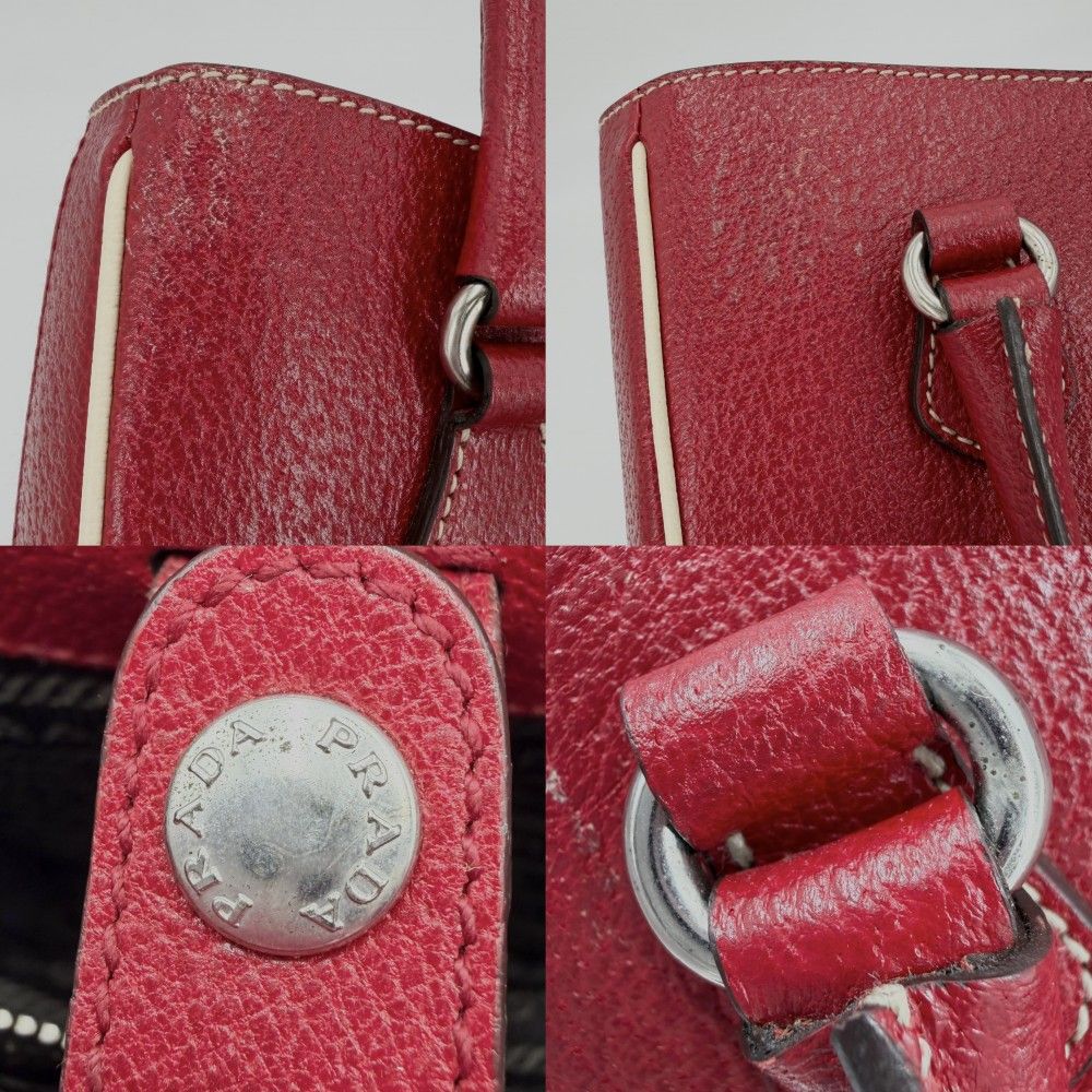 Prada Handbag Triangle Logo Tote Leather Red Silver — view 6