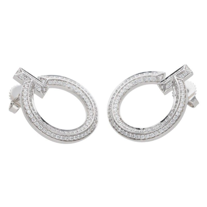 Tiffany & Co T One Open Hoop 18k White Gold Pave Diamond Earrings — view 5
