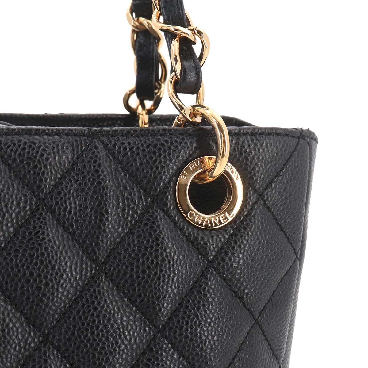 Chanel Quilted Petite Shopping Tote PST Chain Caviar Leather Black Gold — view 9