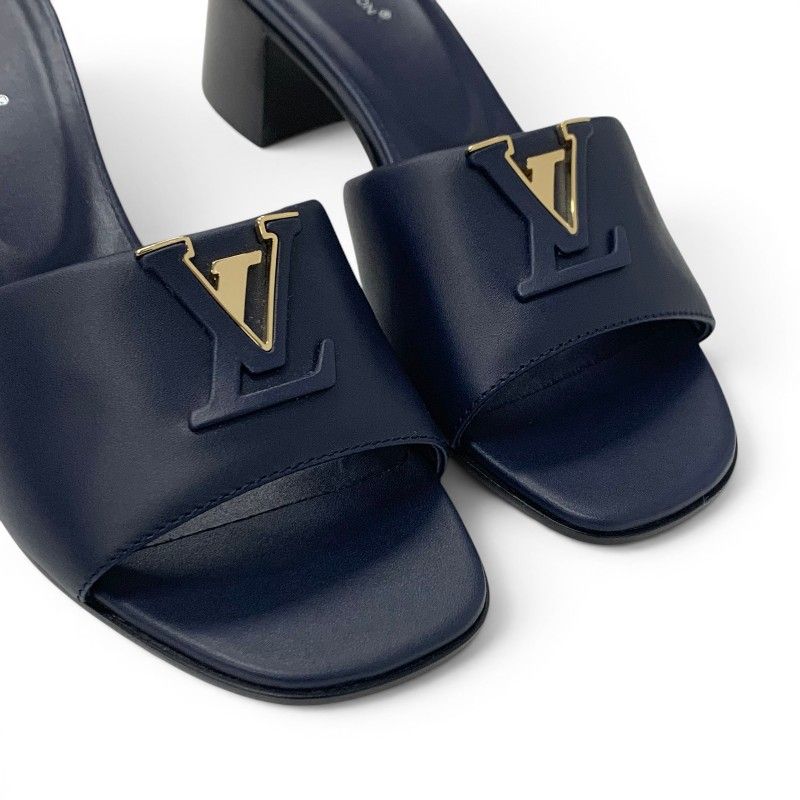 Louis Vuitton Marais Sandals Shoes Leather Navy Gold Logo Mules — view 9