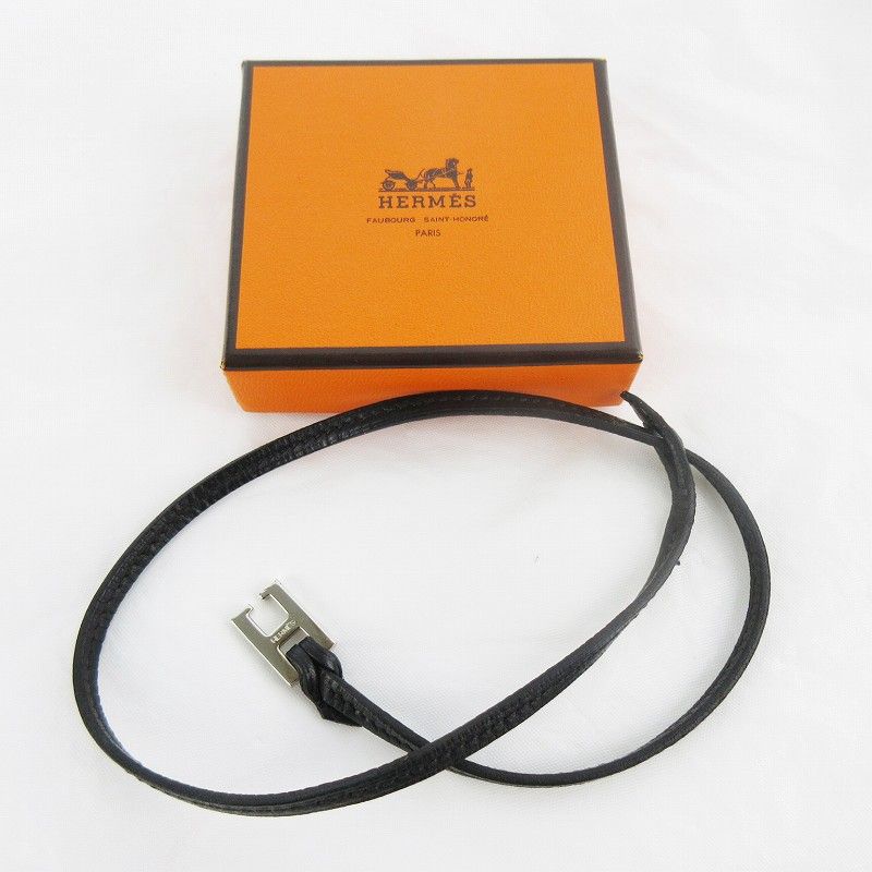 Hermes Tillet Double Leather Bracelet Logo Black Silver — view 6
