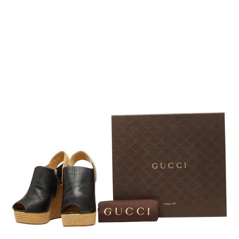 Gucci Wedge Sole Sandals 37 Beige Black Leather Wood — view 9