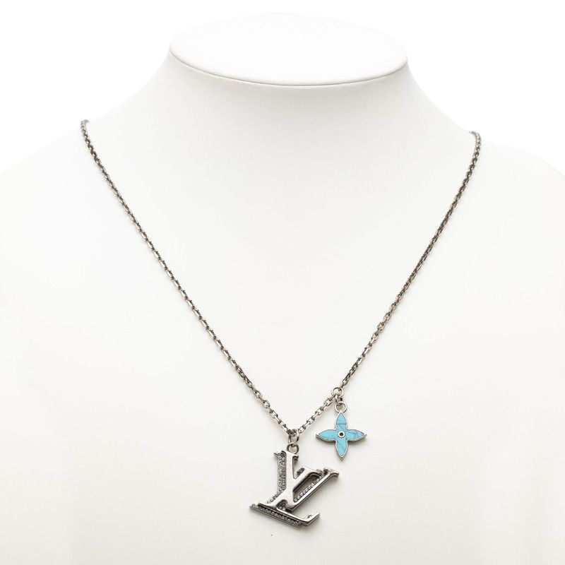 Louis Vuitton Pendant LV Initial Necklace Silver Blue Metal Rhinestone — view 6