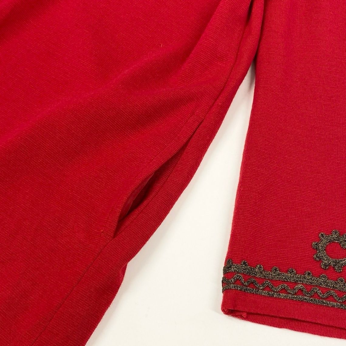 Saint Laurent Long Sleeve Knit Dress Gold Button Front Embroidery M Red Wool — view 8